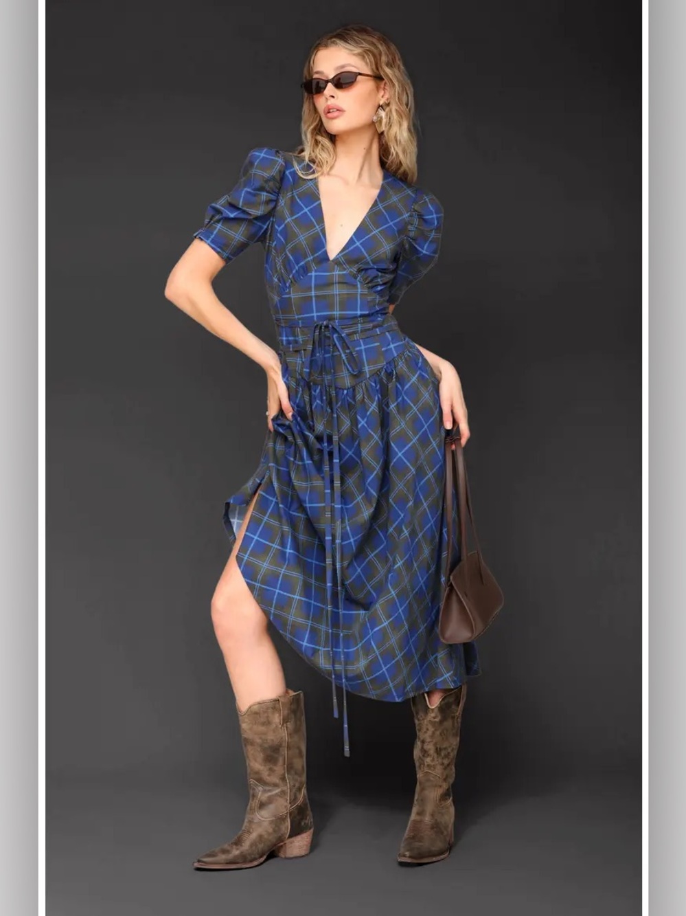 Plaid Puff Sleeve Tie Belt Stretch Cotton Midi Dress